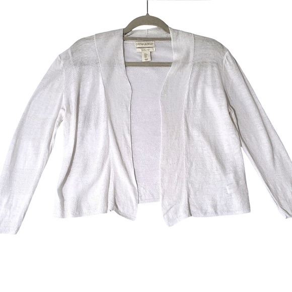 Cynthia Rowley White Pointelle 100% Linen Open Front Cardigan Sweater Womens S - Picture 1 of 10